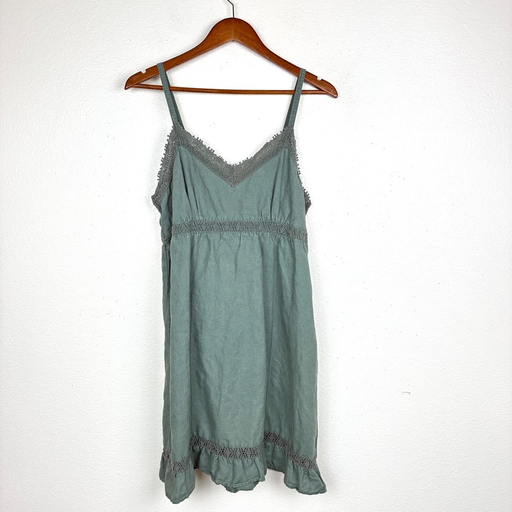 Womens Dress L Linen Mini Babydoll Cottage Coquette Boho Ruffle Lace Natural